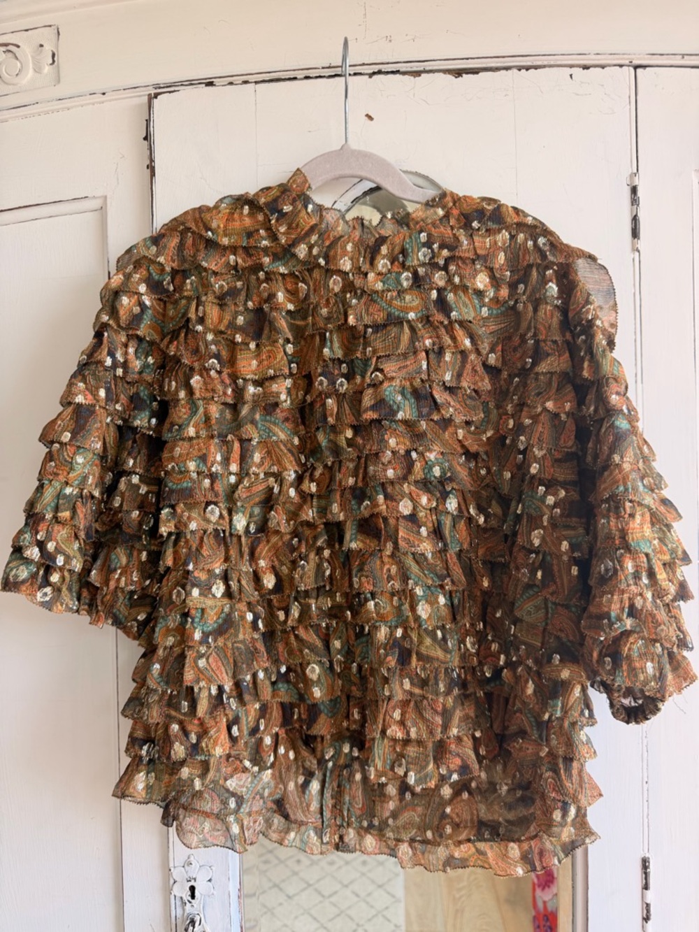 Ulla Johnson Brown and Teal Paisley Metallic Dot Blouse